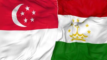 Singapore and Tajikistan Flags Together Seamless Looping Background, Looped Bump Texture Cloth Waving Slow Motion, 3D Rendering video
