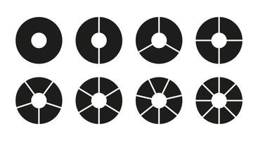 circulo división en 1, 2, 3, 4, 5, 6, 7, 8 igual partes. rueda dividido diagramas con uno, dos, tres, cuatro, cinco, seis, Siete, ocho segmentos infografía vector colocar. entrenamiento blanco. circulo sección grafico