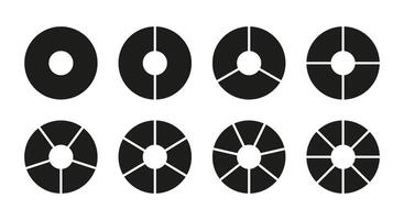 Circle division on 1, 2, 3, 4, 5, 6, 7, 8 equal parts. Wheel divided diagrams with one, two, three, four, five, six, seven, eight segments. Infographic vector set. Coaching blank. Circle section graph