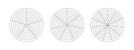 rueda de vida modelo. sencillo entrenamiento herramienta para visualizante todas areas de vida. circulo diagramas de vida estilo balance. polar cuadrícula con segmentos, concéntrico círculos blanco de grafico papel. vector icono.