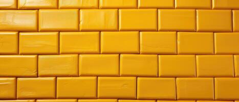 AI generated A wide background banner panorama showcasing yellow-colored square brick subway tiles wall texture, Ai Generated. photo