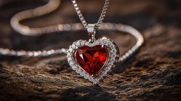 AI generated Red stone heart pendant, beautifully accented with diamonds for a luxurious touch, Ai Generated photo