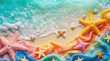 AI generated Crocheted beach toy, vibrant backdrop, handcrafted and adorable, Ai Generated photo