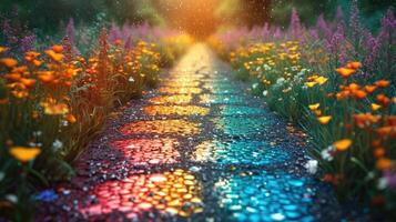 AI generated Experience the enchantment of a rain shower as it transforms a meadow's gravel path with vivid colors, Ai Generated. photo