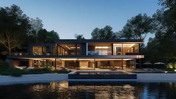 AI generated A 3D rendering of a modern beachfront house, a coastal dream come to life. Ai Generated photo