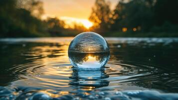 AI generated Experience the serenity of a glass ball poised delicately on the calm waters, a moment of pure tranquility. Ai Generated. photo