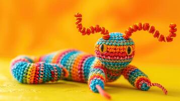 AI generated Crocheted centipede toy vibrant backdrop, handcrafted and adorable, Ai Generated photo