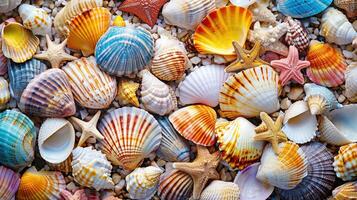 AI generated Various colorful seashells create a captivating background, Ai Generated. photo