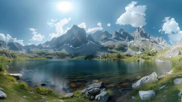 AI generated Immerse yourself in a breathtaking 360 panorama of mountains and a tranquil lake. Ai Generated. photo