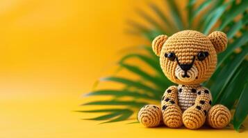 AI generated Crocheted cheetah toy vibrant backdrop, handcrafted and adorable, Ai Generated photo