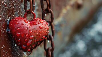 AI generated Red heart pendant on a chain, adorned with glistening water drops, Ai Generated photo