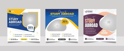 Study abroad social media post design, educational web banner admission square flyer template vector