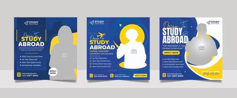 Study abroad social media post design, educational web banner admission square flyer template vector