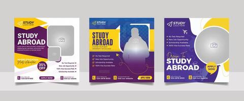 Study abroad social media post design, educational web banner admission square flyer template vector