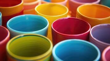AI generated Explore the vibrant charm of a close-up view featuring colorful cups stacked on top of each other in a playful arrangement, Ai Generated. photo