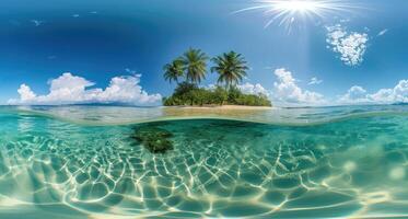 ai generado transporte tú mismo a un tropical paraíso con un 360 grados ver de un isla, rodeado por claro como el cristal aguas ai generado. foto