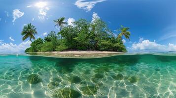 ai generado escapar a un maravilloso tropical isla mediante un 360 esférico panorama, rodeado por claro aguas y vibrante arboles ai generado. foto