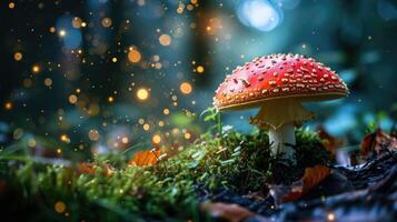 AI generated Discover the enchantment of a magic mushroom hidden in the mystical forest. Ai Generated. photo