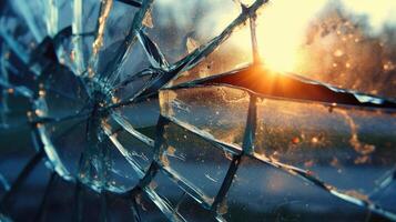 AI generated Witness the play of light through a close-up of a broken glass window, as the sun's rays create captivating patterns, Ai Generated. photo