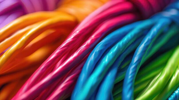 AI generated A close-up view of a bundle of vibrant colored wires in a spectrum of different colors, creating a vivid and dynamic composition, Ai Generated. photo