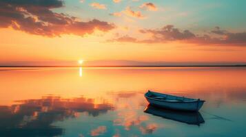 AI generated Experience the serenity of a boat sailing under the warm hues of a sunset, post golden hour. Nature's embrace. Ai Generated. photo