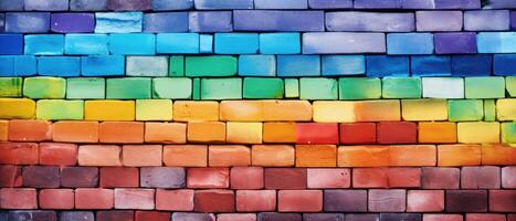 AI generated A colorful rustic brick wall adorned in rainbow flag hues, exemplifying unique brickwork and stonework, Ai Generated photo