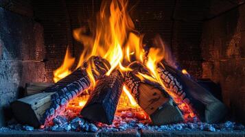 AI generated Experience the comforting ambiance of a blazing fire, dancing merrily in a fireplace, logs fueling its glow. Cozy retreat. Ai Generated. photo