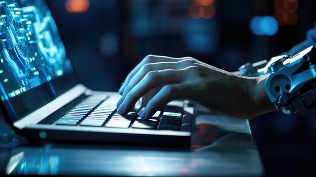 AI generated Close-up of a robotic arm pressing a key on a laptop computer, Ai Generated photo