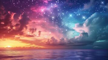 AI generated Surrender to the beauty of a colorful, starry sky and clouds above the endless expanse of the ocean. Nature's spectacle. Ai Generated. photo