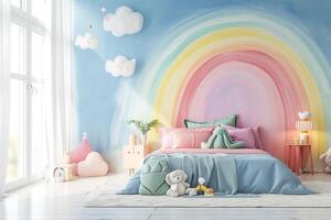 AI generated A vibrant haven for girls - a stunning photo of a modern and colorful kids bedroom. Ai Generated