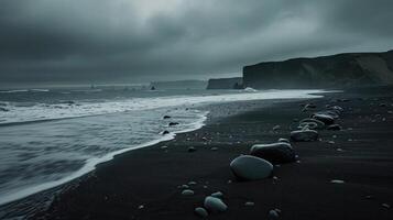 AI generated Discover the beauty in nature's drama with a dark and stormy shore, where elegant stones grace the black beach. Nature's artistry. Ai Generated. photo