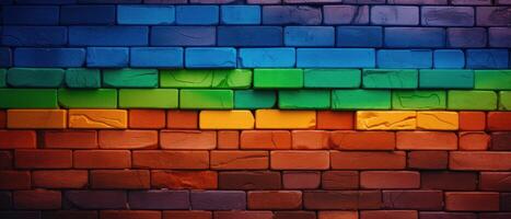 AI generated A colorful rustic brick wall adorned in rainbow flag hues, exemplifying unique brickwork and stonework, Ai Generated photo