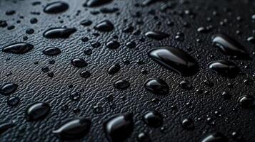 ai generado brillante agua gotas en un pulcro negro cuero superficie crear un maravilloso contraste, ai generado. foto