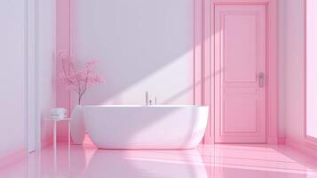 AI generated Step into a chic and minimalistic bathroom with white and pink tones, a door, and no bathtub, perfect for modern aesthetics. Ai Generated photo