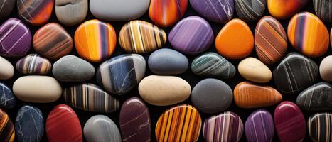 AI generated Colorful rocks and pebbles, featuring a spectrum of multicolored and striped variations, Ai Generated photo