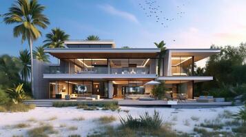 AI generated A 3D rendering of a modern beachfront house, a coastal dream come to life. Ai Generated photo