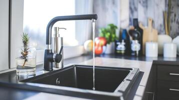 AI generated A stylish and functional modern kitchen sink, complete with a running faucet. Ai Generated photo