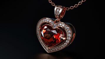 AI generated Red stone heart pendant, beautifully accented with diamonds for a luxurious touch, Ai Generated photo