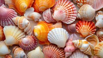 AI generated Various colorful seashells create a captivating background, Ai Generated. photo