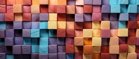 AI generated Captivating abstract texture featuring 3D wooden square cubes in a rainbow of colors, ideal for adding a lively and modern touch to your design, Ai Generated. photo