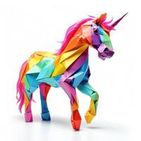 ai generado vistoso origami unicornio, único papel polígono obra de arte, ideal mascota concepto, ai generado foto