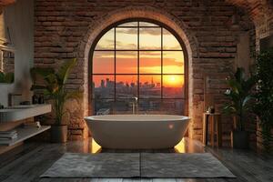 ai generado un moderno baño con un arqueado ventana, ofrecimiento un asombroso puesta de sol ver en el corazón de el ciudad. ai generado foto