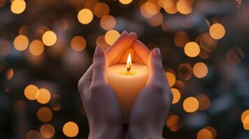 AI generated Two hands holding a lit candle amidst a dreamy bokeh background. Ai Generated photo