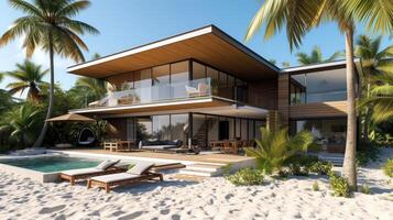 AI generated A 3D rendering of a modern beachfront house, a coastal dream come to life. Ai Generated photo