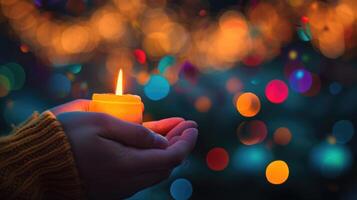 AI generated Two hands holding a lit candle amidst a dreamy bokeh background. Ai Generated photo