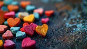 AI generated Various colored hearts spread on a table, forming a picturesque and lively scene, Ai Generated photo