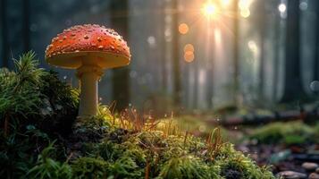 AI generated Discover the enchantment of a magic mushroom hidden in the mystical forest. Ai Generated. photo