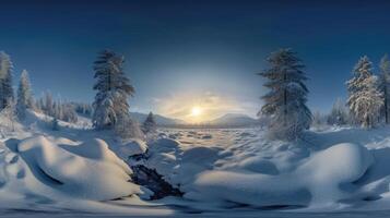 ai generado embarcar en un invernal aventuras con un 360 grados ver de un sereno Nevado paisaje. ai generado. foto