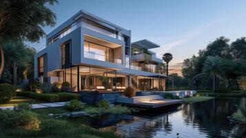 AI generated A 3D rendering of a modern beachfront house, a coastal dream come to life. Ai Generated photo