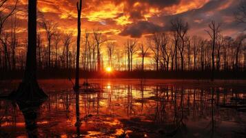 AI generated Witness the beauty of a swamp at sunset, with the backdrop of trees creating a harmonious nature scene. Ai Generated. photo